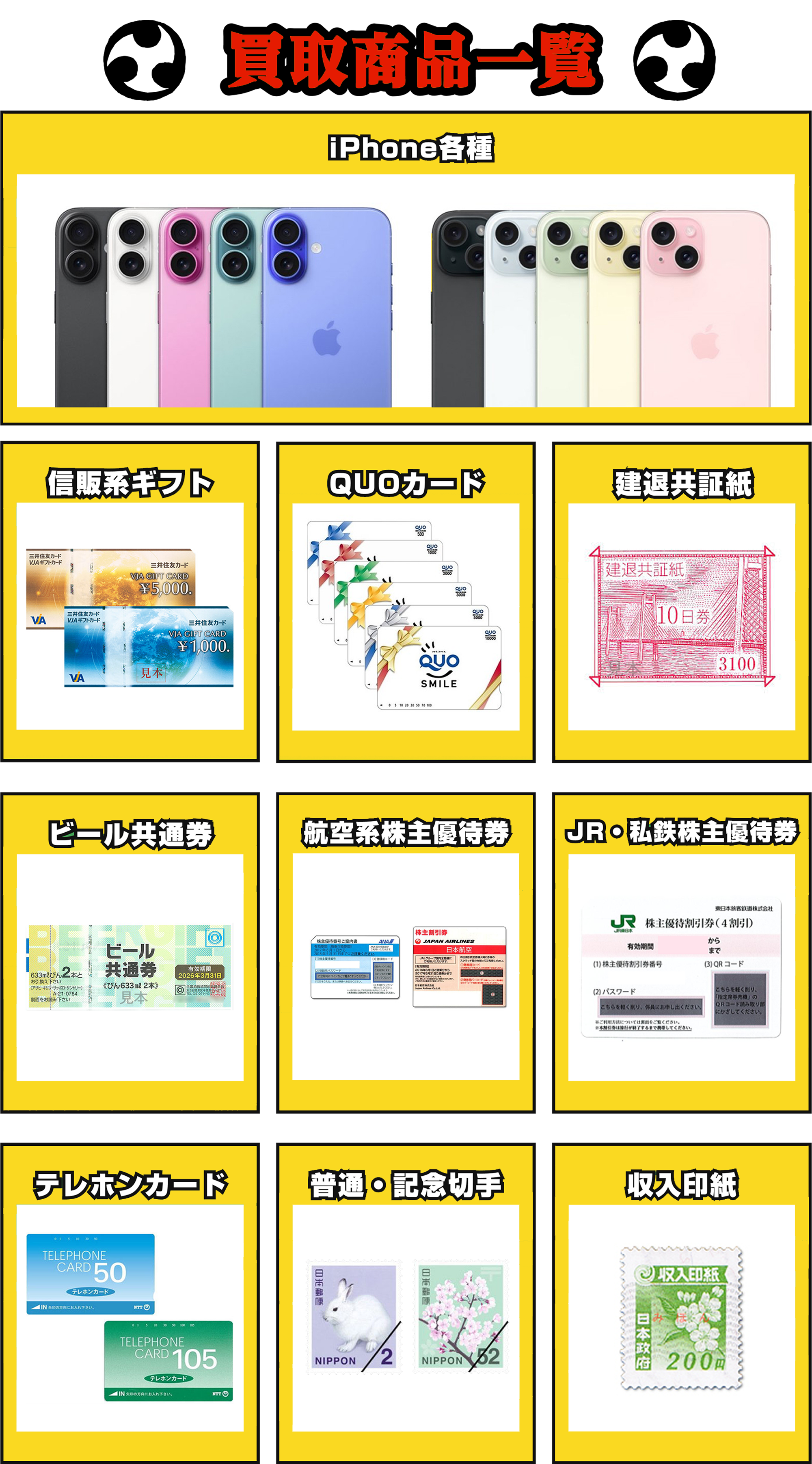 [アイテムリスト]買取商品一覧｜信販系ギフト/QUOカード/建退共証紙/
                        ビール共通券/航空株主優待券/JR・私鉄株主優待券/テレホンカード/普通・記念切手/収入印紙